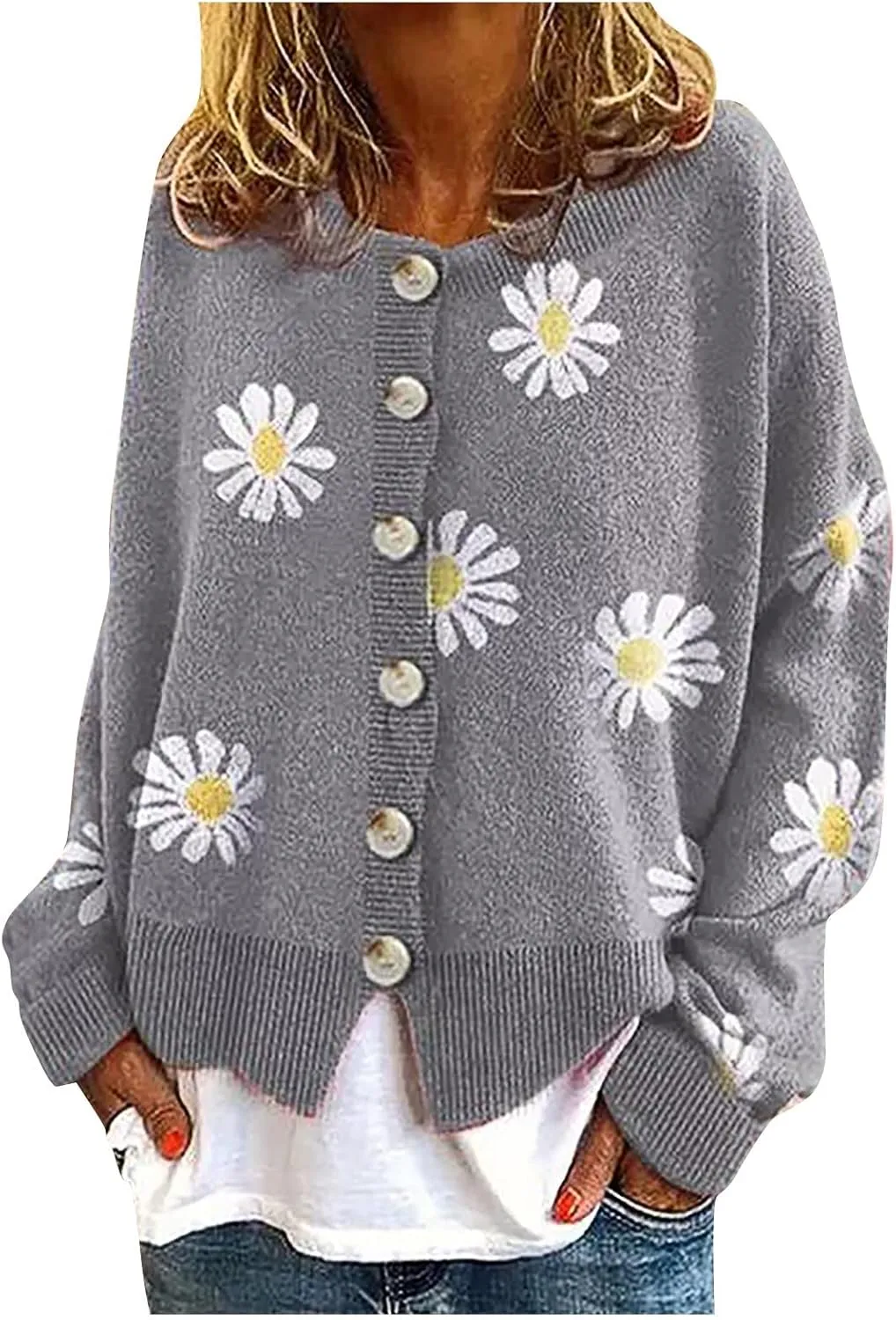 Womens 2023 Long Sleeve V Neck Button Down Cardigan Open Front Soft Chunky Knit Oversized Sweaters Coat with Pocket