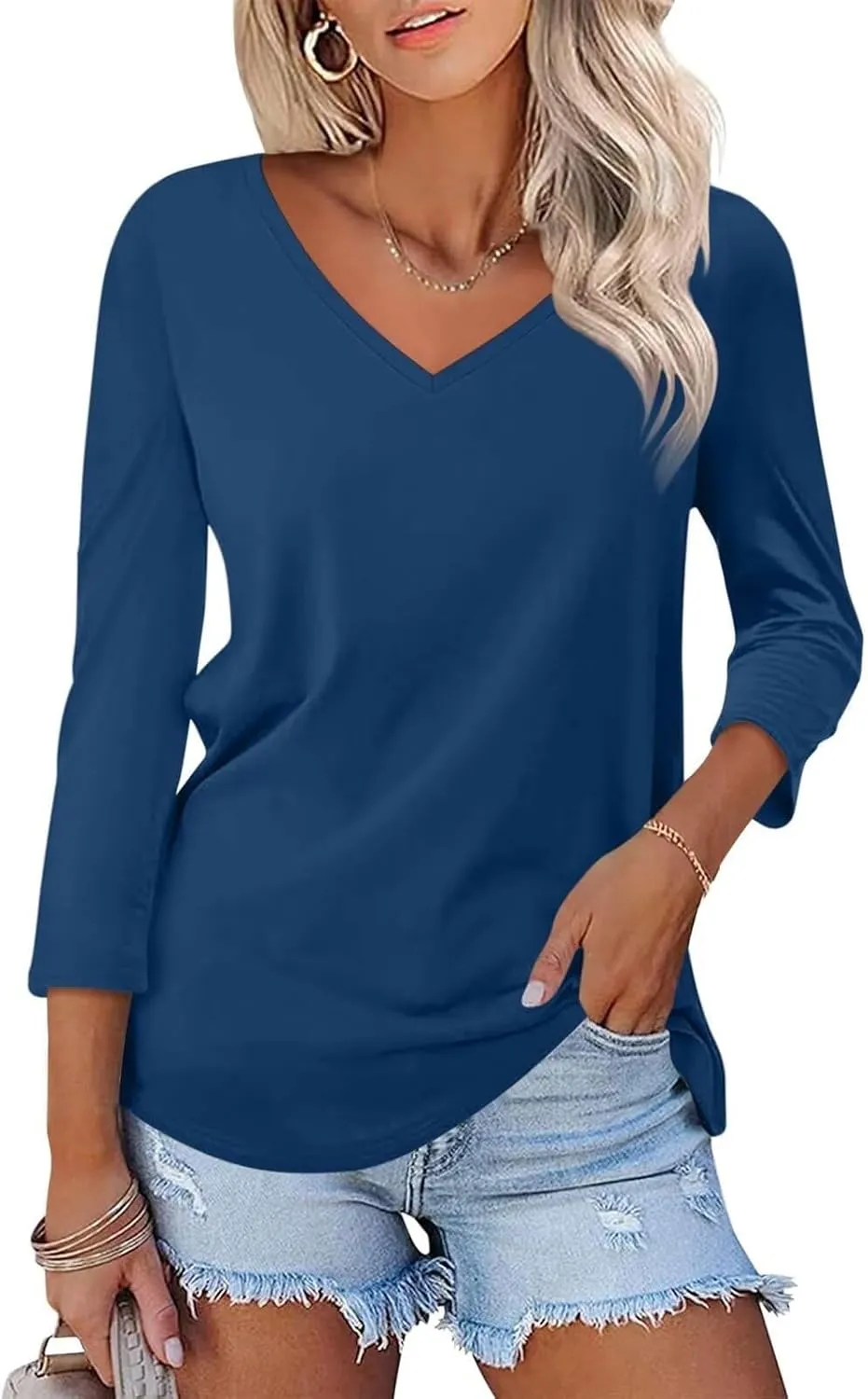 Women's 3/4 Sleeve Tops Trendy Summer 2025 Solid Color T-Shirts V Neck Tunic Blouses Casual Loose Fit Vacation Outfits