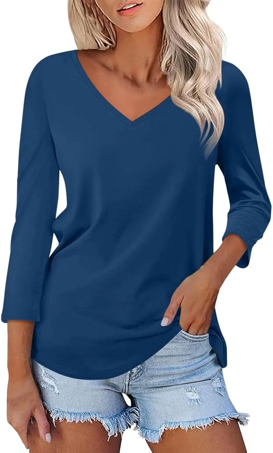 Women's 3/4 Sleeve Tops Trendy Summer 2025 Solid Color T-Shirts V Neck Tunic Blouses Casual Loose Fit Vacation Outfits