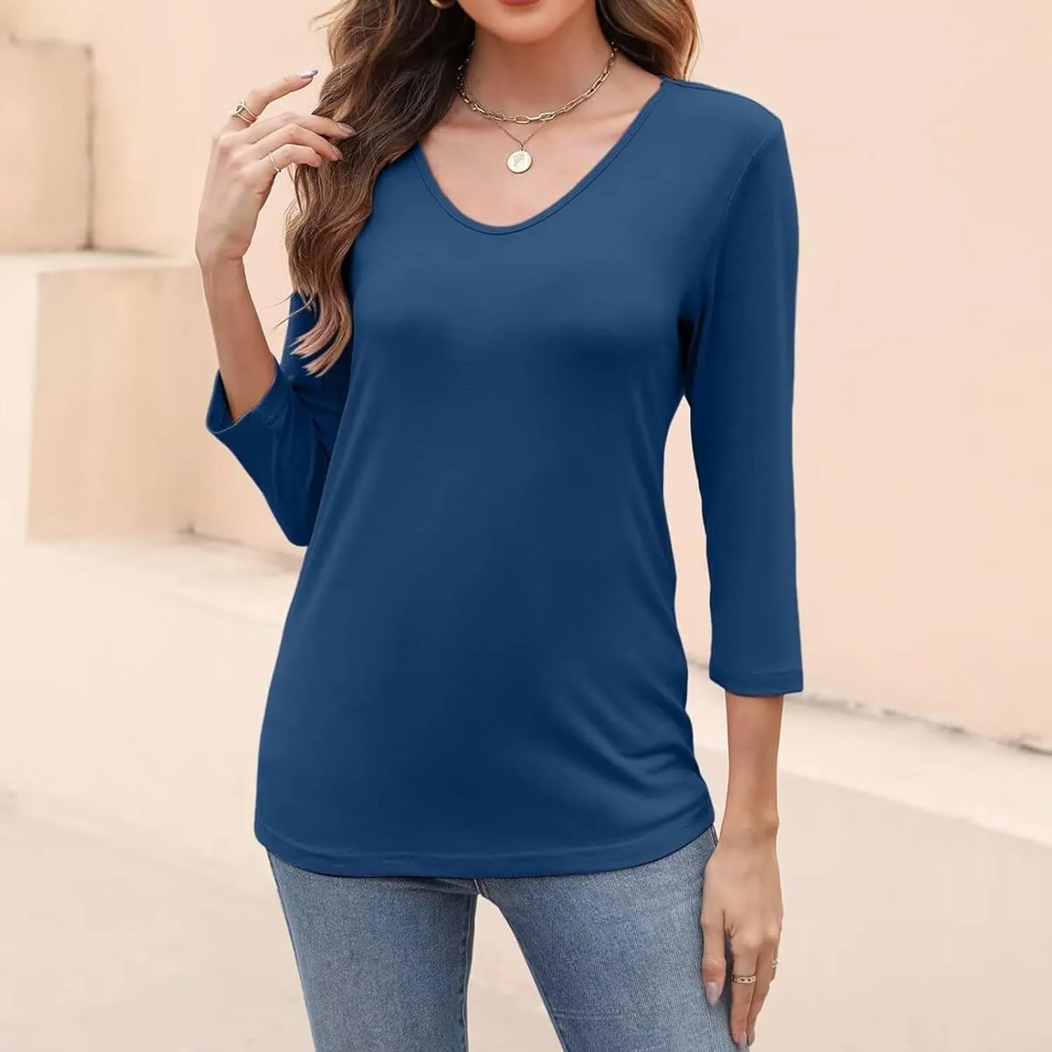 Women's 3/4 Sleeve Tops Trendy Summer 2025 Solid Color T-Shirts V Neck Tunic Blouses Casual Loose Fit Vacation Outfits