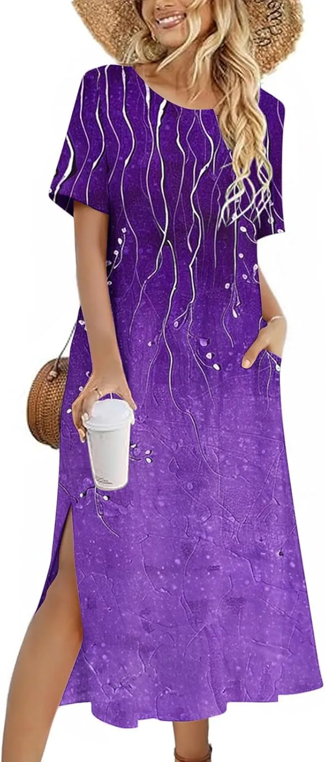 Womens Boho Dress Floral Casual Beach Vcation T Shirt Dress Sexy Side Slit a-Line Mini Dress with Pockets