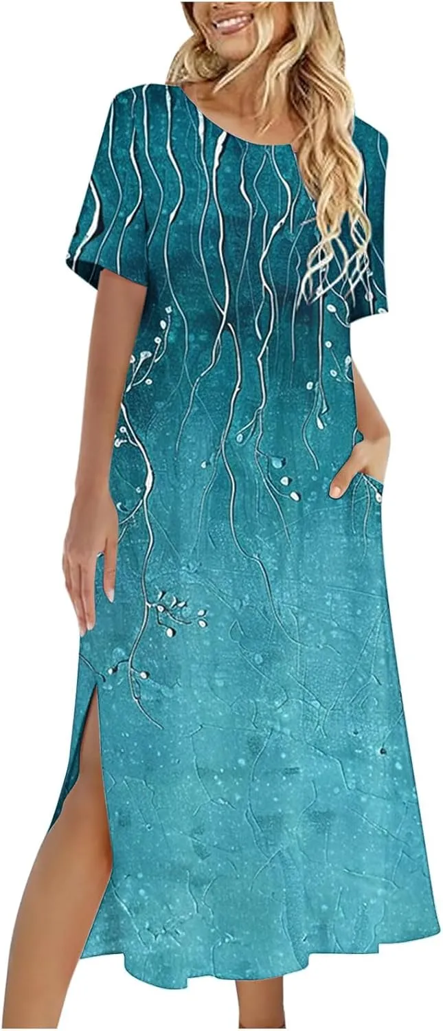 Womens Boho Dress Floral Casual Beach Vcation T Shirt Dress Sexy Side Slit a-Line Mini Dress with Pockets