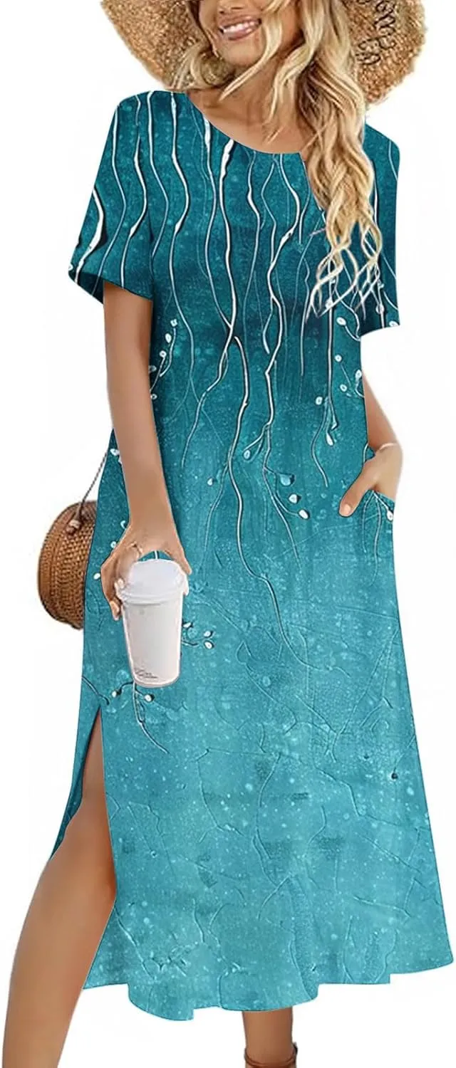 Womens Boho Dress Floral Casual Beach Vcation T Shirt Dress Sexy Side Slit a-Line Mini Dress with Pockets