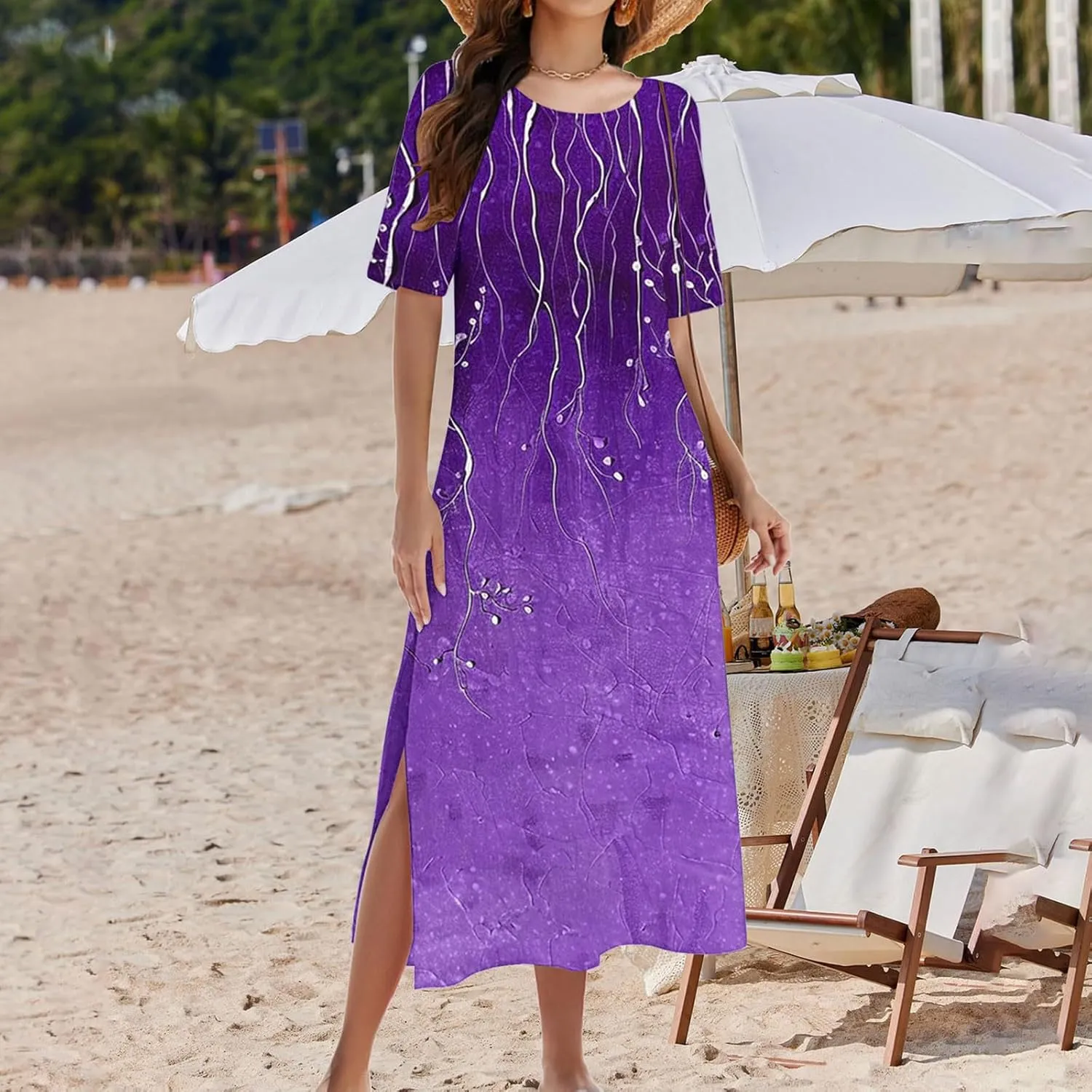 Womens Boho Dress Floral Casual Beach Vcation T Shirt Dress Sexy Side Slit a-Line Mini Dress with Pockets