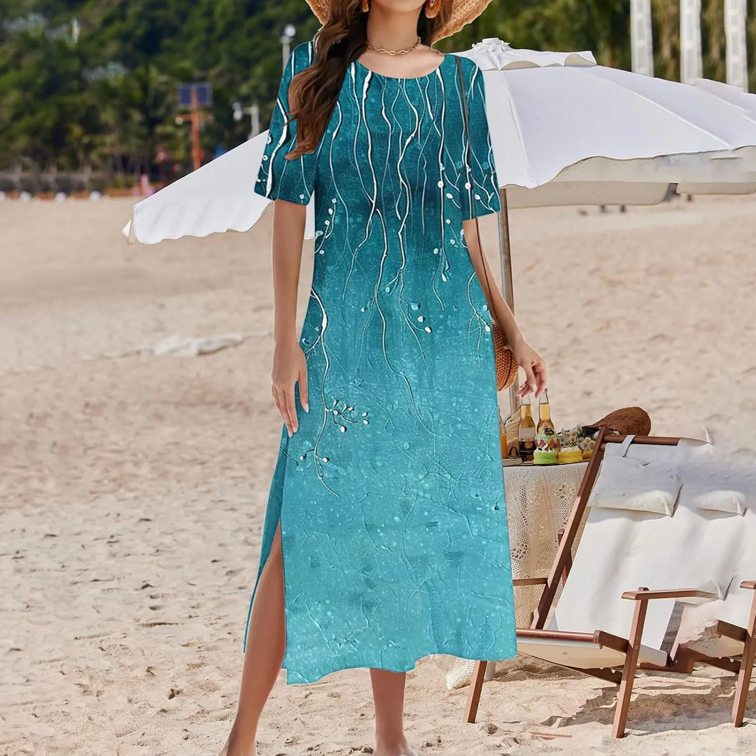Womens Boho Dress Floral Casual Beach Vcation T Shirt Dress Sexy Side Slit a-Line Mini Dress with Pockets