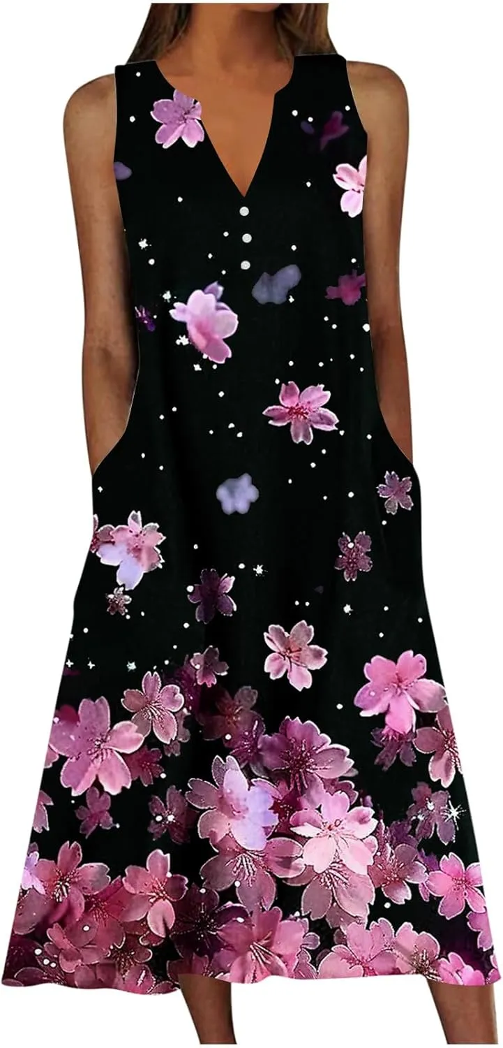 Womens Boho Floral Elegant V Dress Beach Wedding Guest Sundresses Comfortable Soft Dress Long Flowy Trendy Dresses