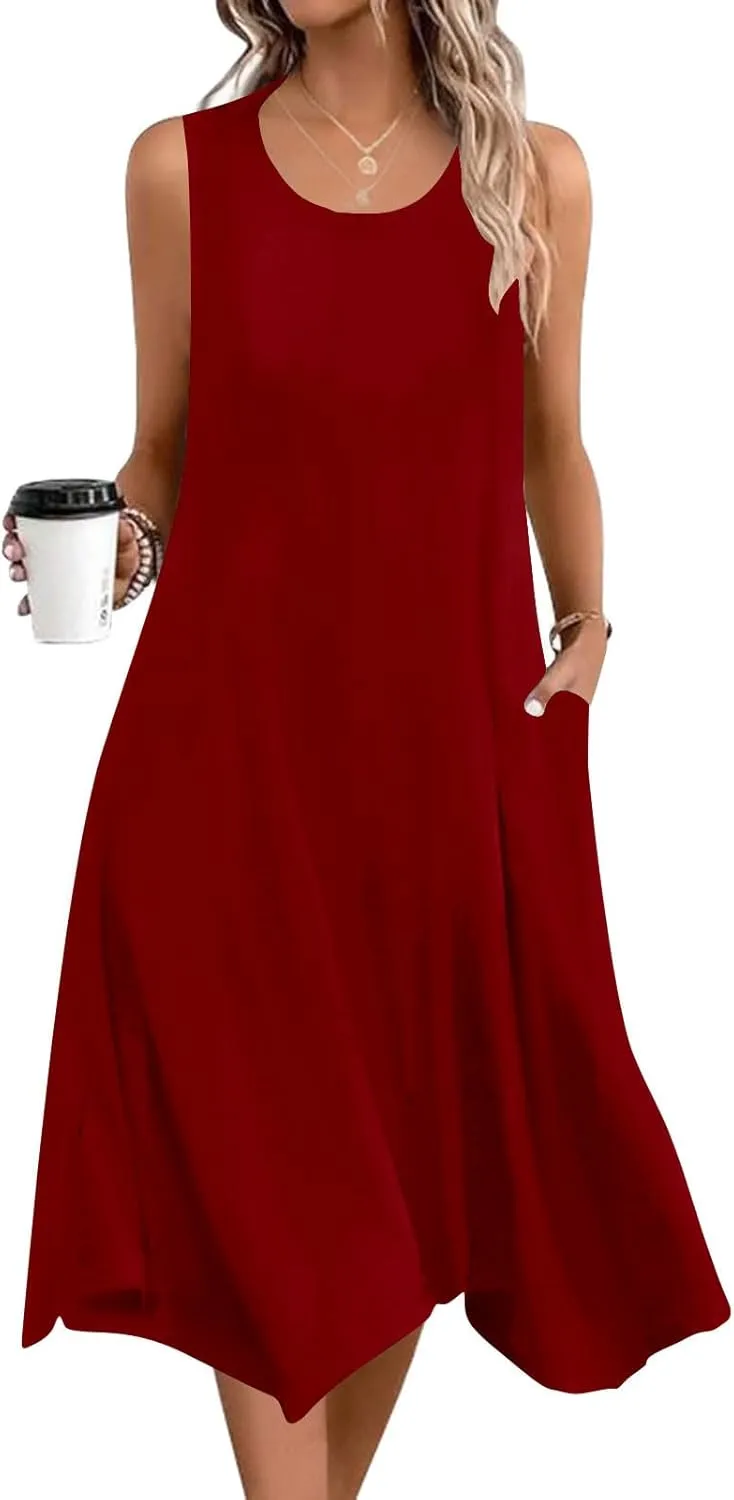 Women's Casual Summer Dress 2025 Sleeveless Dress Handkerchief Hem Midi Tank Dresses Beach Dress with Pockets