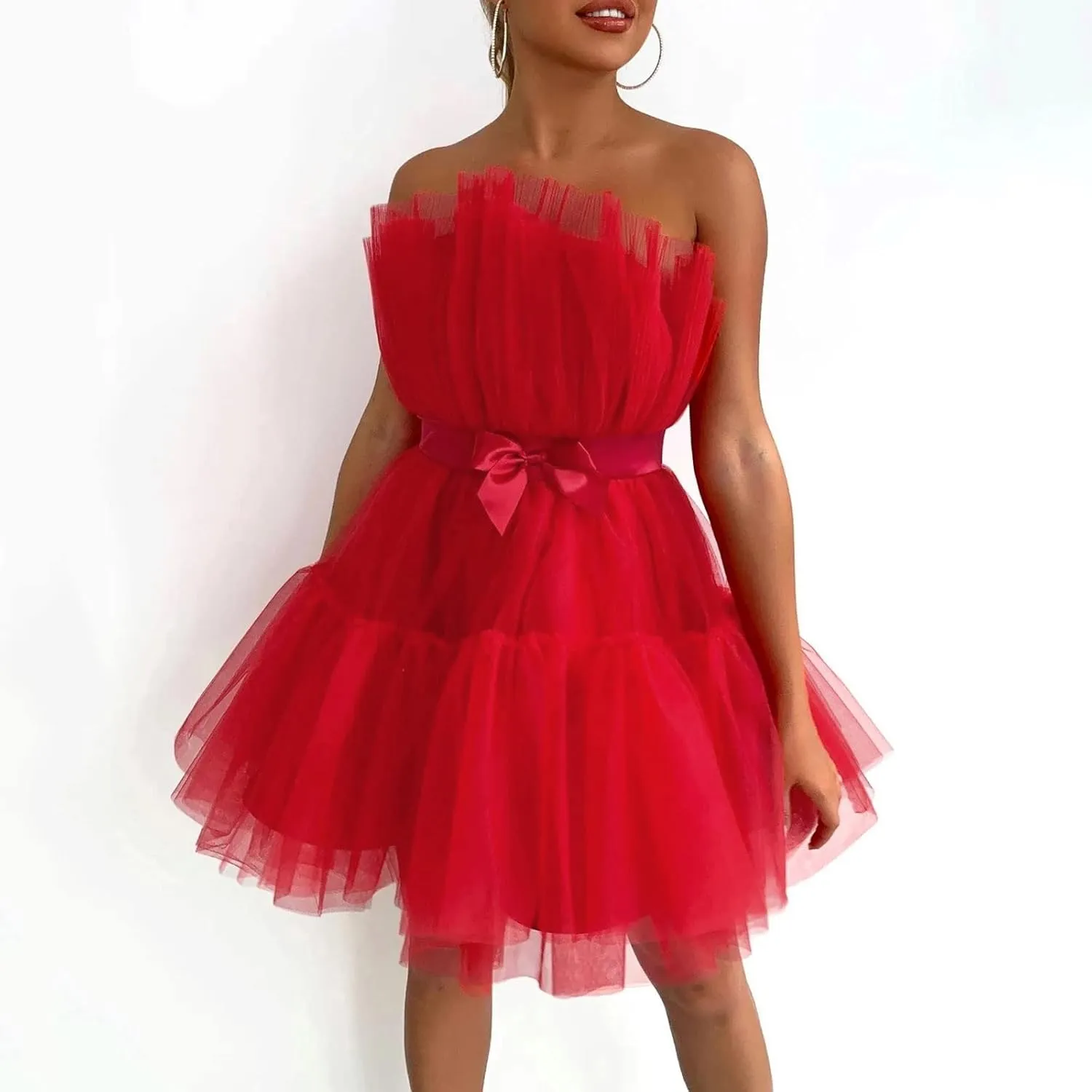Womens Dress Off Shoulder Wedding Mesh Party Dress Plus Size High Waist A-Line Tulle Skirt Pleated Mini Dress for Carnival