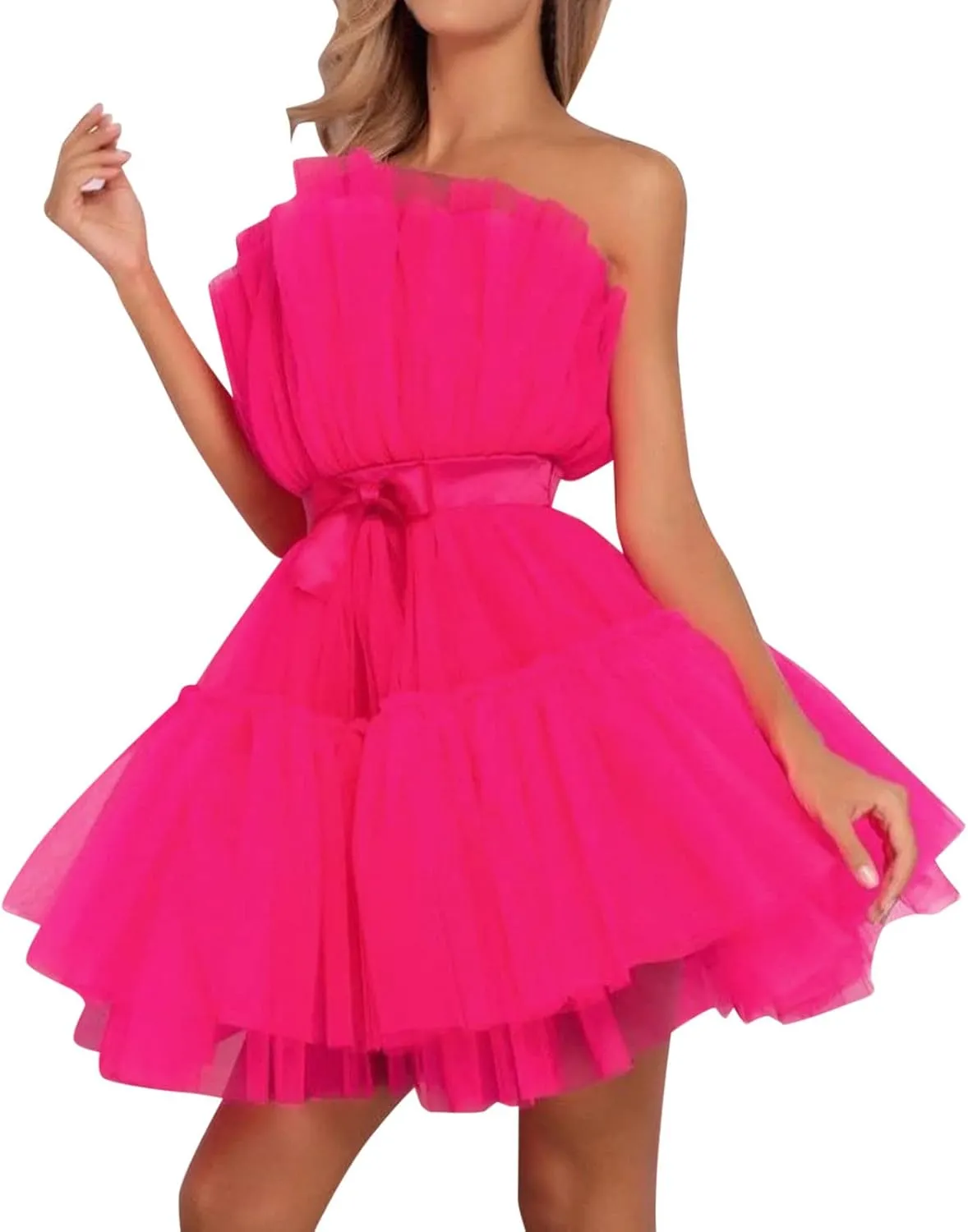 Womens Dress Off Shoulder Wedding Mesh Party Dress Plus Size High Waist A-Line Tulle Skirt Pleated Mini Dress for Carnival