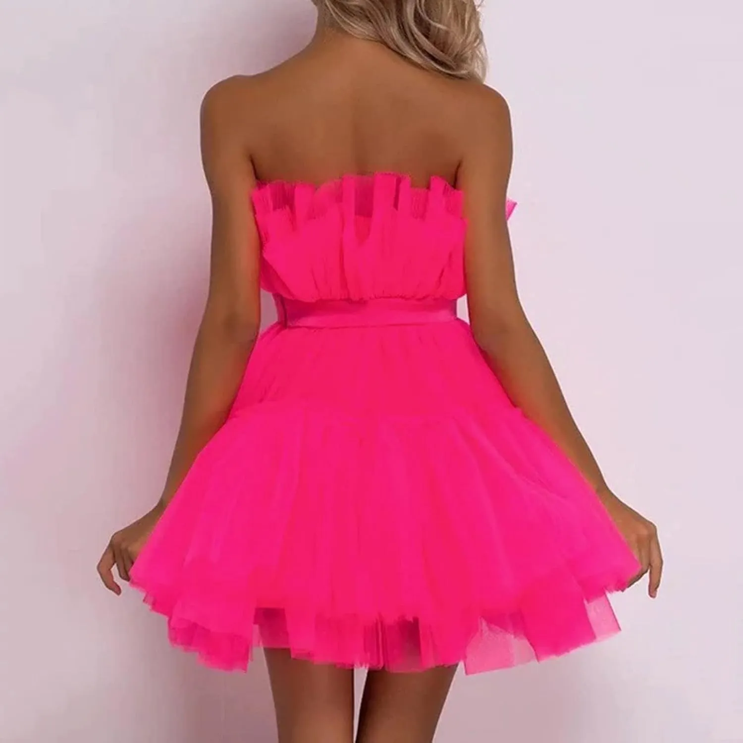 Womens Dress Off Shoulder Wedding Mesh Party Dress Plus Size High Waist A-Line Tulle Skirt Pleated Mini Dress for Carnival