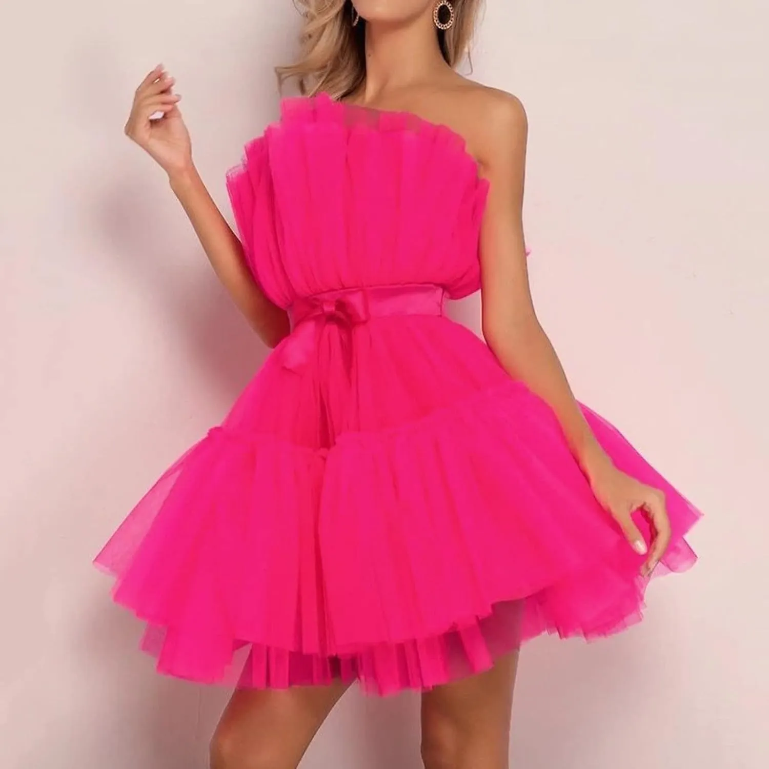 Womens Dress Off Shoulder Wedding Mesh Party Dress Plus Size High Waist A-Line Tulle Skirt Pleated Mini Dress for Carnival