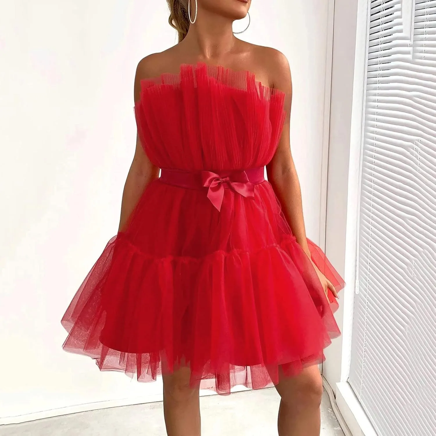 Womens Dress Off Shoulder Wedding Mesh Party Dress Plus Size High Waist A-Line Tulle Skirt Pleated Mini Dress for Carnival