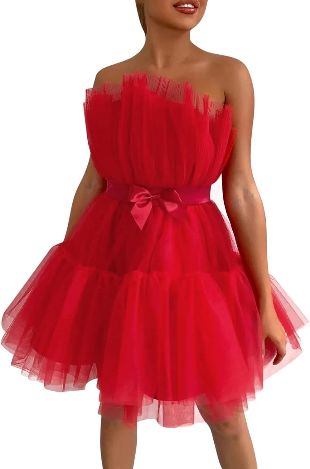 Womens Dress Off Shoulder Wedding Mesh Party Dress Plus Size High Waist A-Line Tulle Skirt Pleated Mini Dress for Carnival