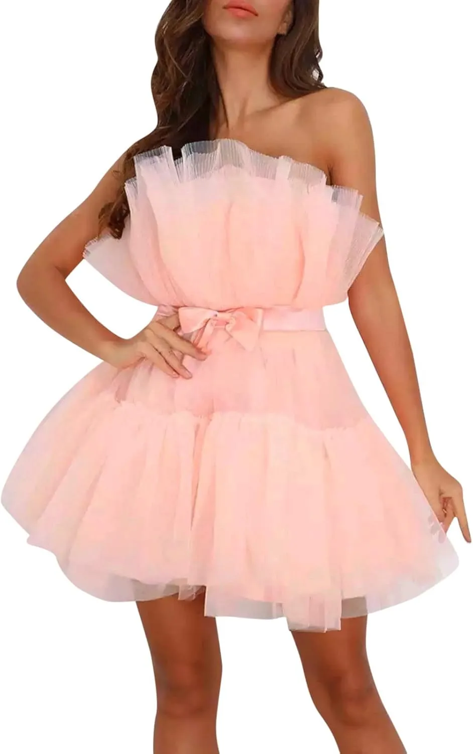 Womens Dress Off Shoulder Wedding Mesh Party Dress Plus Size High Waist A-Line Tulle Skirt Pleated Mini Dress for Carnival