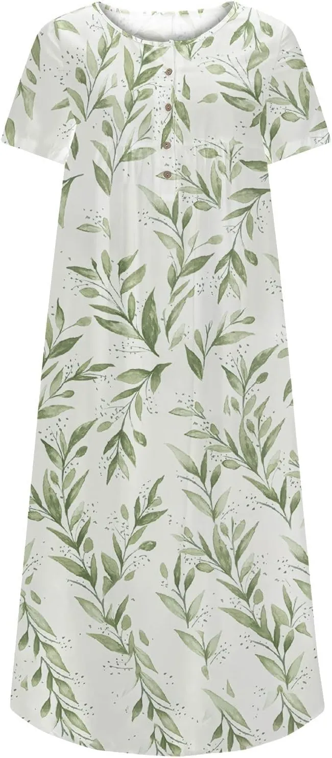 Womens Dresses Plus Size Loose T Shirts Dress Floral Midi Dress Cute Pleated Dress with Pockets Casual Dresses Summer
