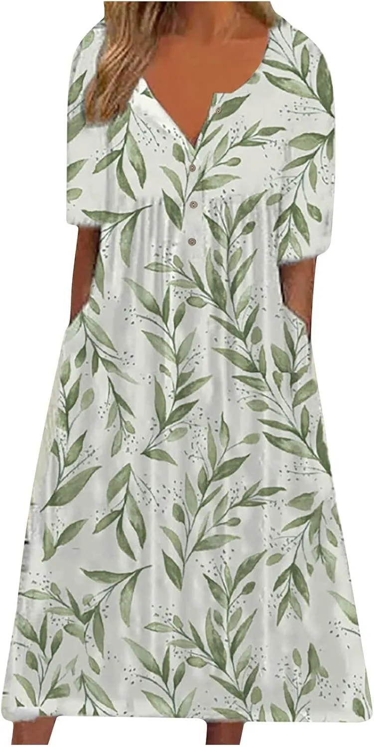 Womens Dresses Plus Size Loose T Shirts Dress Floral Midi Dress Cute Pleated Dress with Pockets Casual Dresses Summer