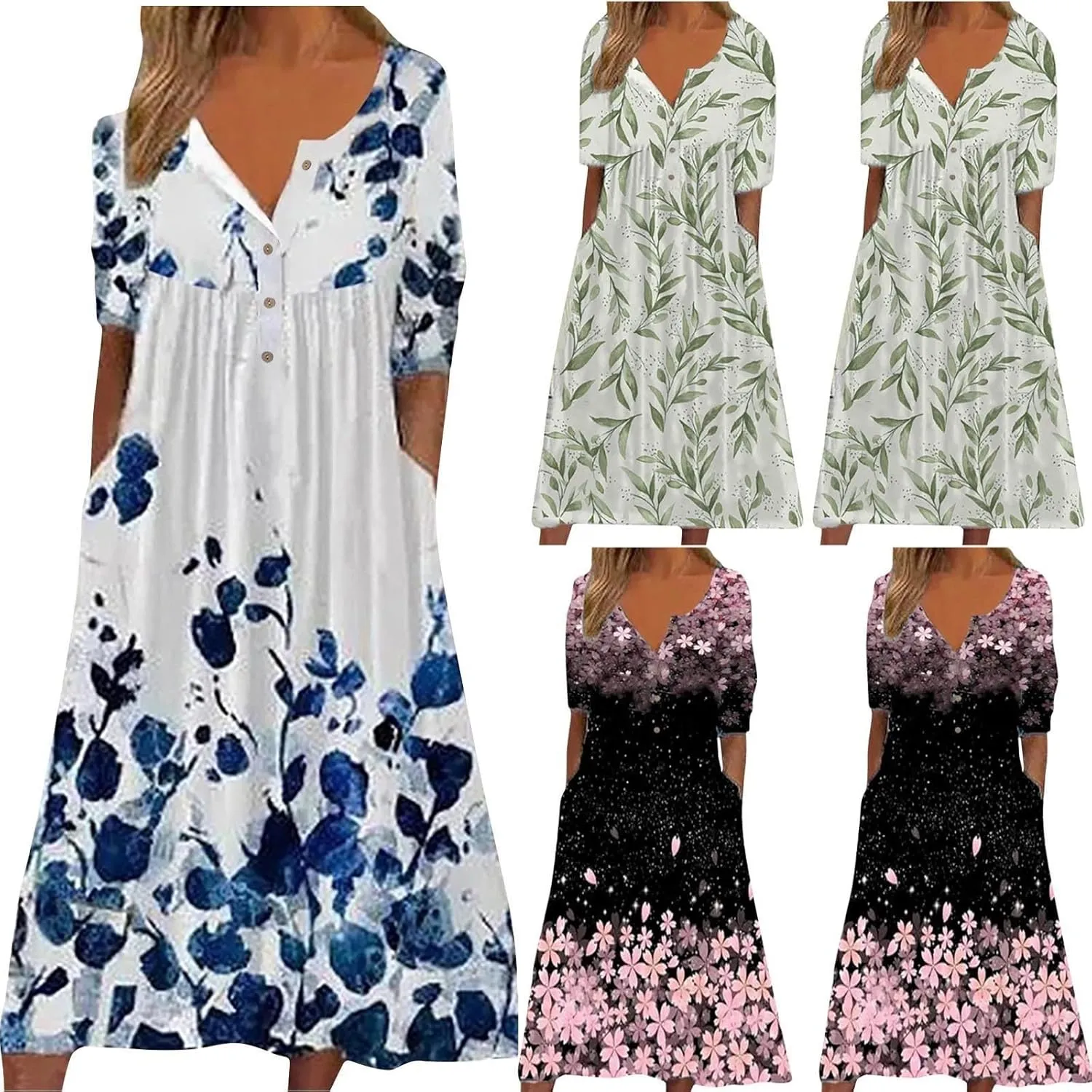 Womens Dresses Plus Size Loose T Shirts Dress Floral Midi Dress Cute Pleated Dress with Pockets Casual Dresses Summer