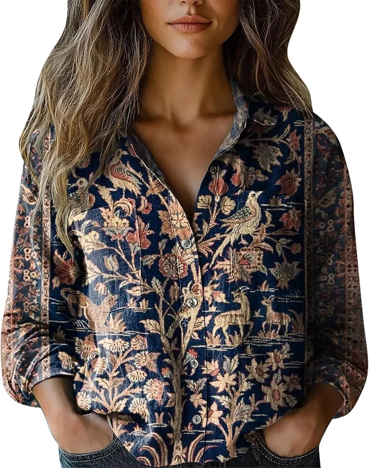 Women's Fashion Button Down Shirts Floral Print Linen Beach Wear Roll Up Sleeve Shirt for Women Blouses with Pocket