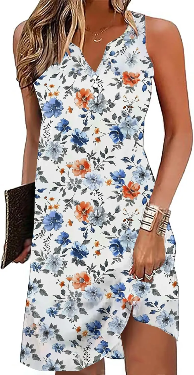 Womens Floral Short Sun Dress Sleeveless Beach Vacation Sundresses Trendy Casual Dresses Boho Clothing 2025