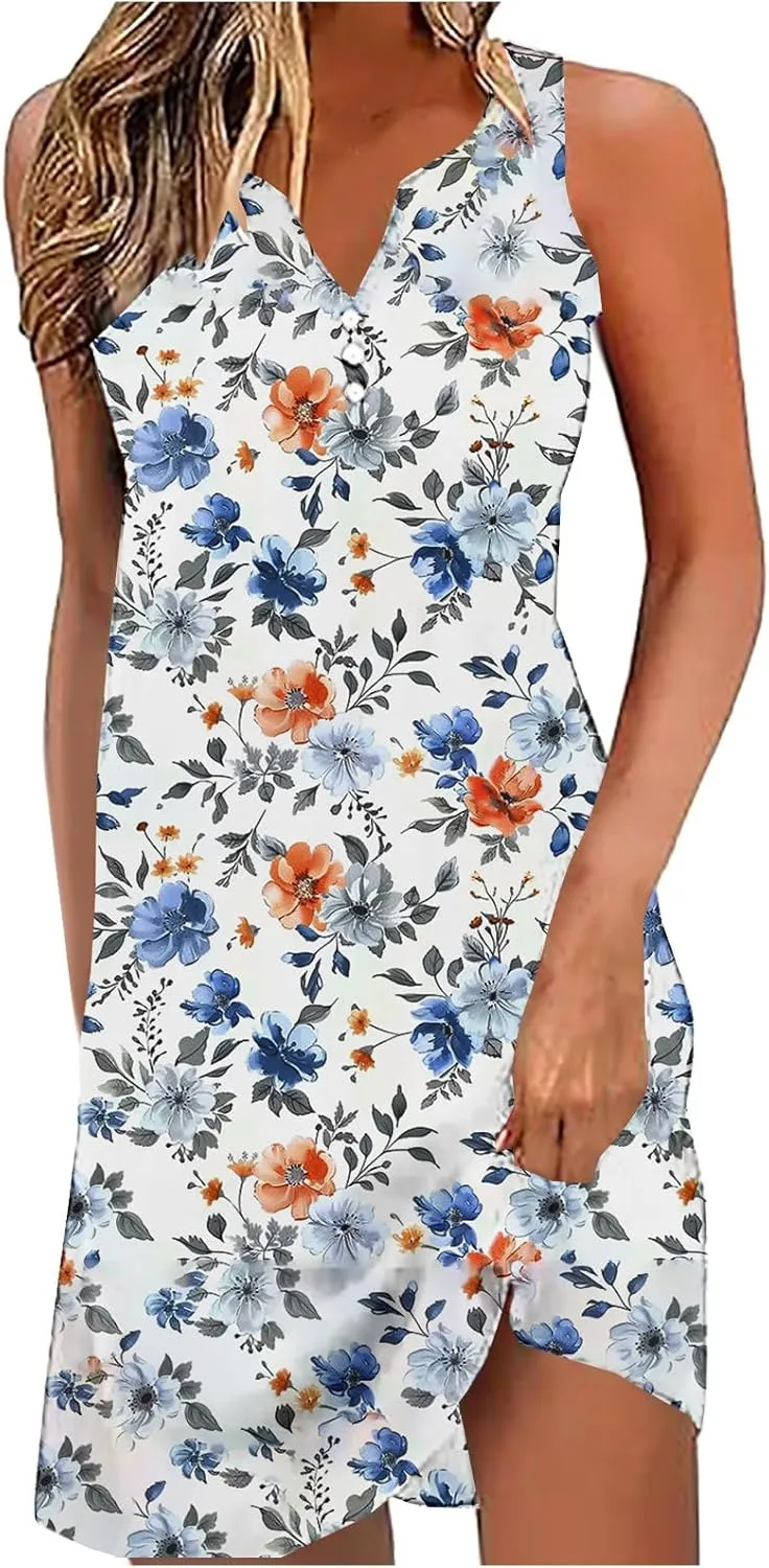 Womens Floral Short Sun Dress Sleeveless Beach Vacation Sundresses Trendy Casual Dresses Boho Clothing 2025