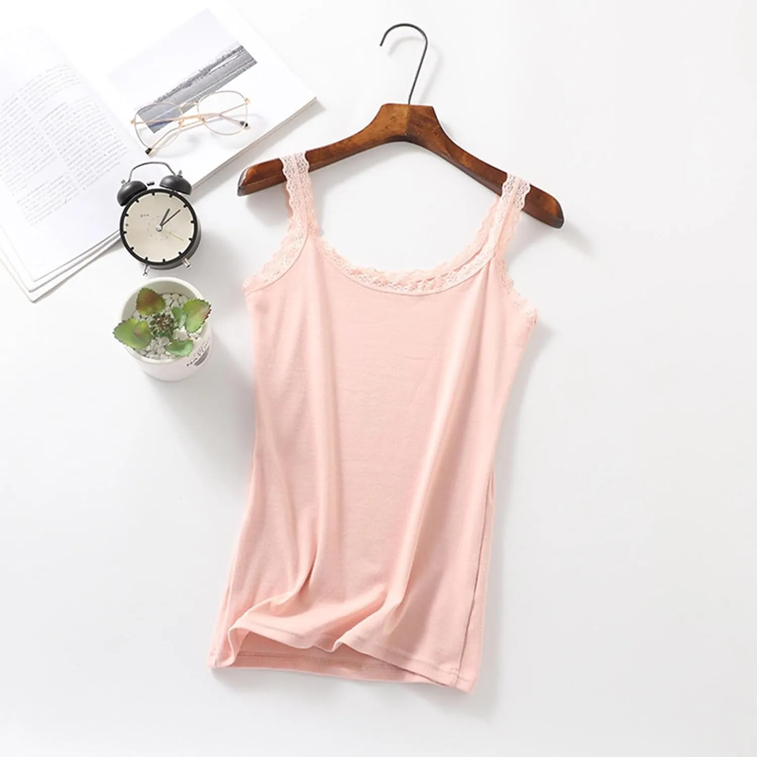 Women's Lace Ruffle Strap Summer Casual Tank Tops Scoop Neck Cotton Camisole Soft Comfortable Sleeveless Shirts