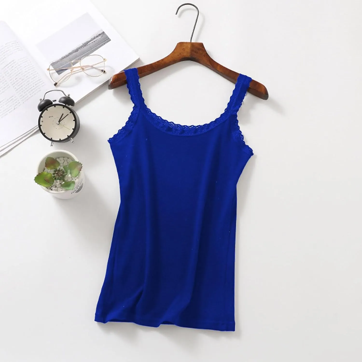 Women's Lace Ruffle Strap Summer Casual Tank Tops Scoop Neck Cotton Camisole Soft Comfortable Sleeveless Shirts