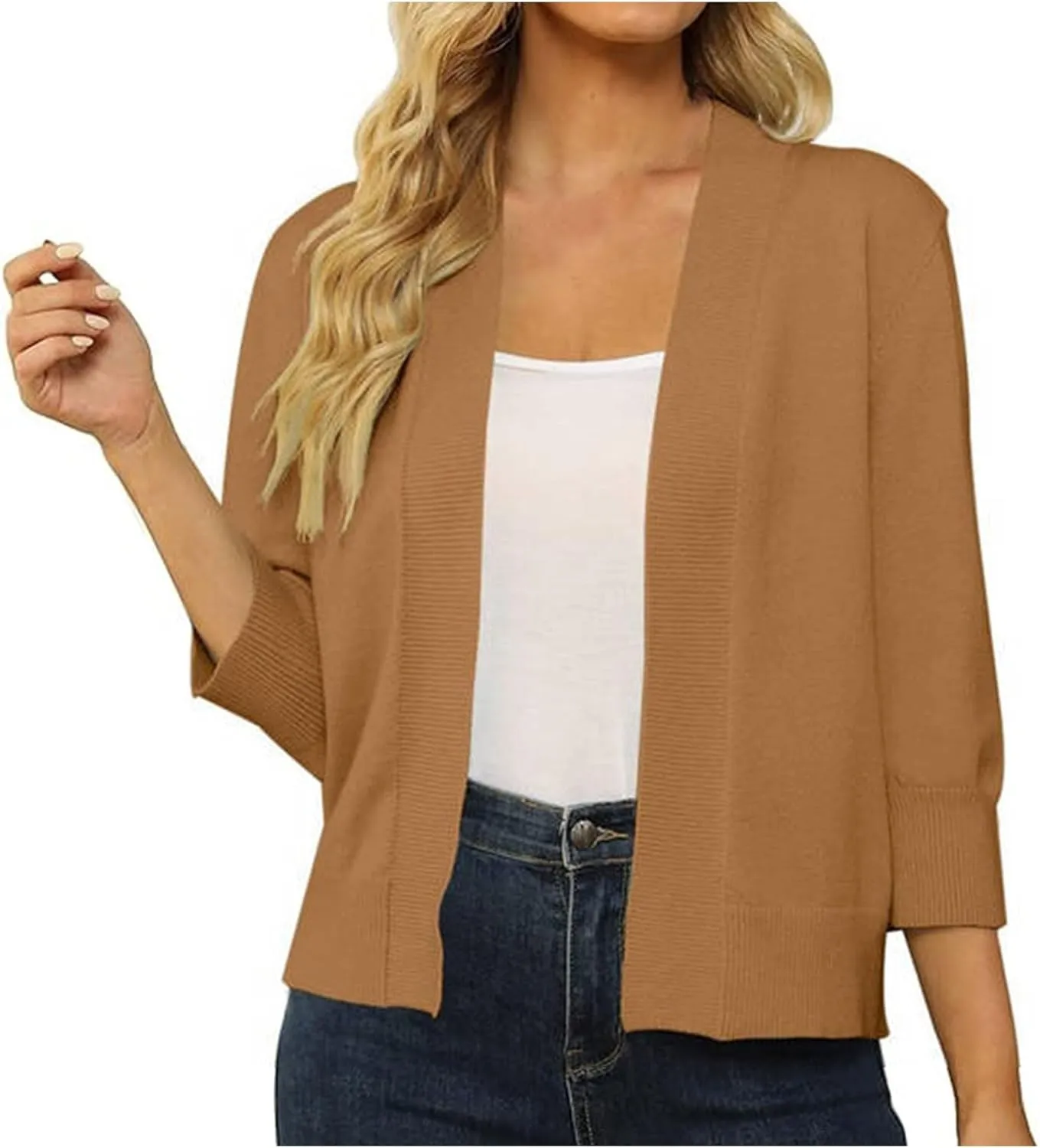 Women's Loose 3/4 Sleeve Cardigan Knitted Sweater Solid Color Cropped Tops Casual Soft Fall Blouse Outwear Coat