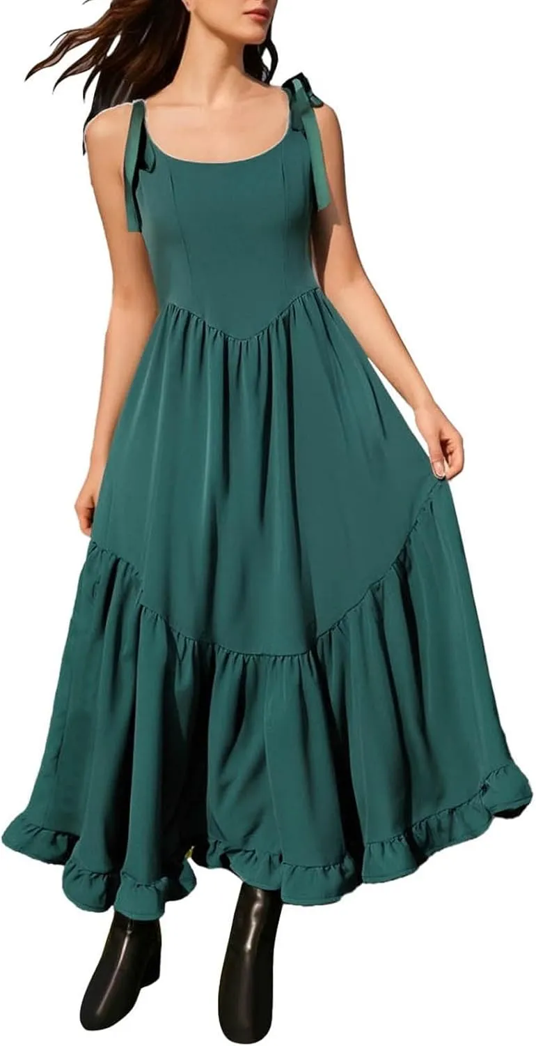 Womens Maxi Dress with Tie Straps 2025 Summer Boho Spaghetti Strap Square Neck Ruffle Dress A Line Beach Long Dresses