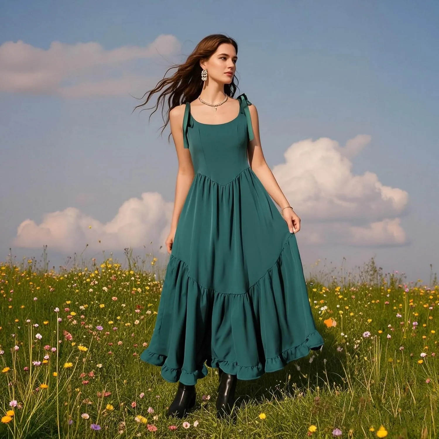 Womens Maxi Dress with Tie Straps 2025 Summer Boho Spaghetti Strap Square Neck Ruffle Dress A Line Beach Long Dresses