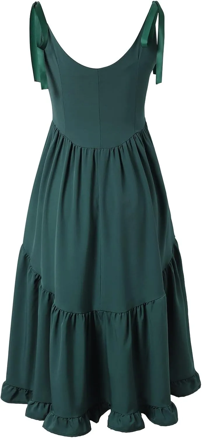 Womens Maxi Dress with Tie Straps 2025 Summer Boho Spaghetti Strap Square Neck Ruffle Dress A Line Beach Long Dresses