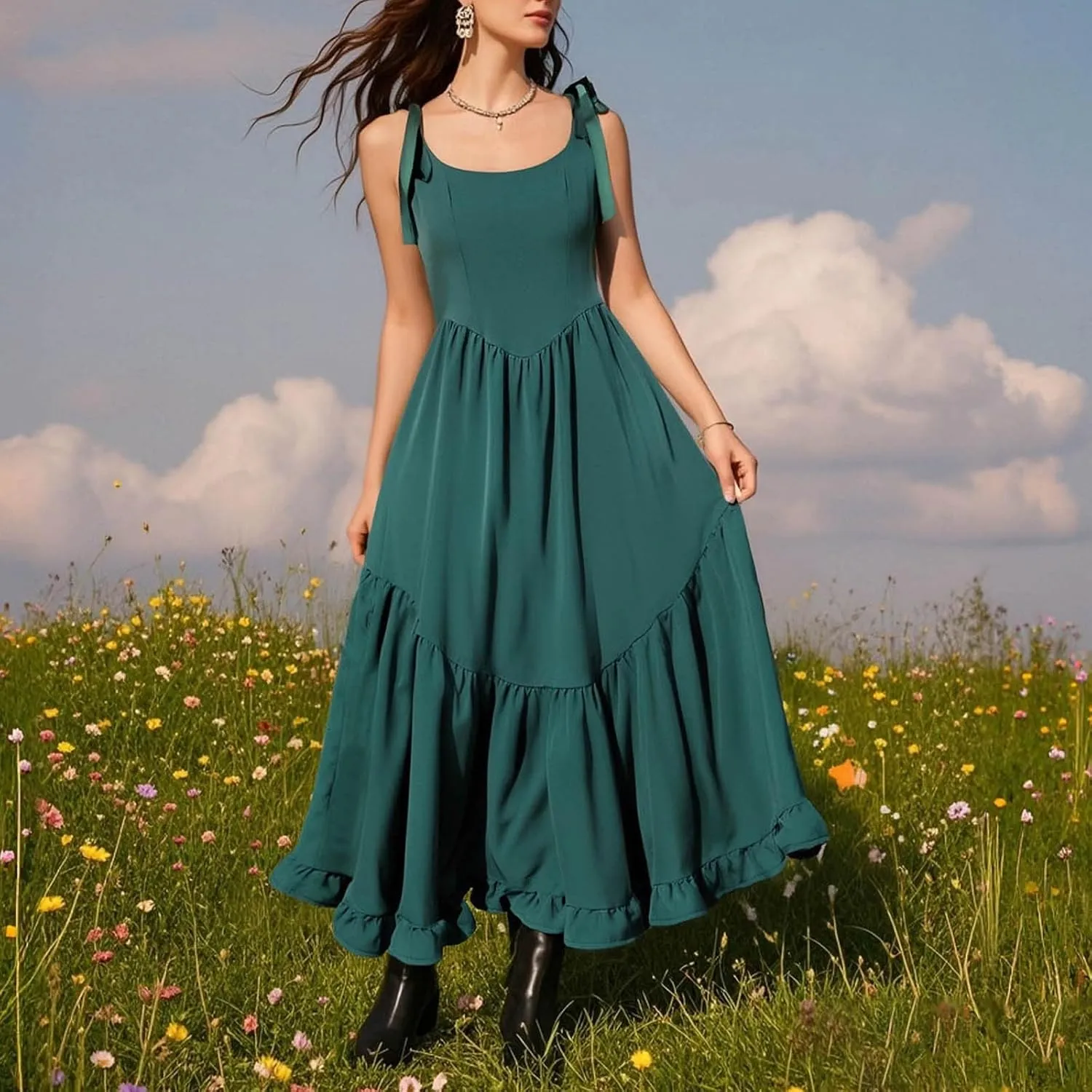 Womens Maxi Dress with Tie Straps 2025 Summer Boho Spaghetti Strap Square Neck Ruffle Dress A Line Beach Long Dresses