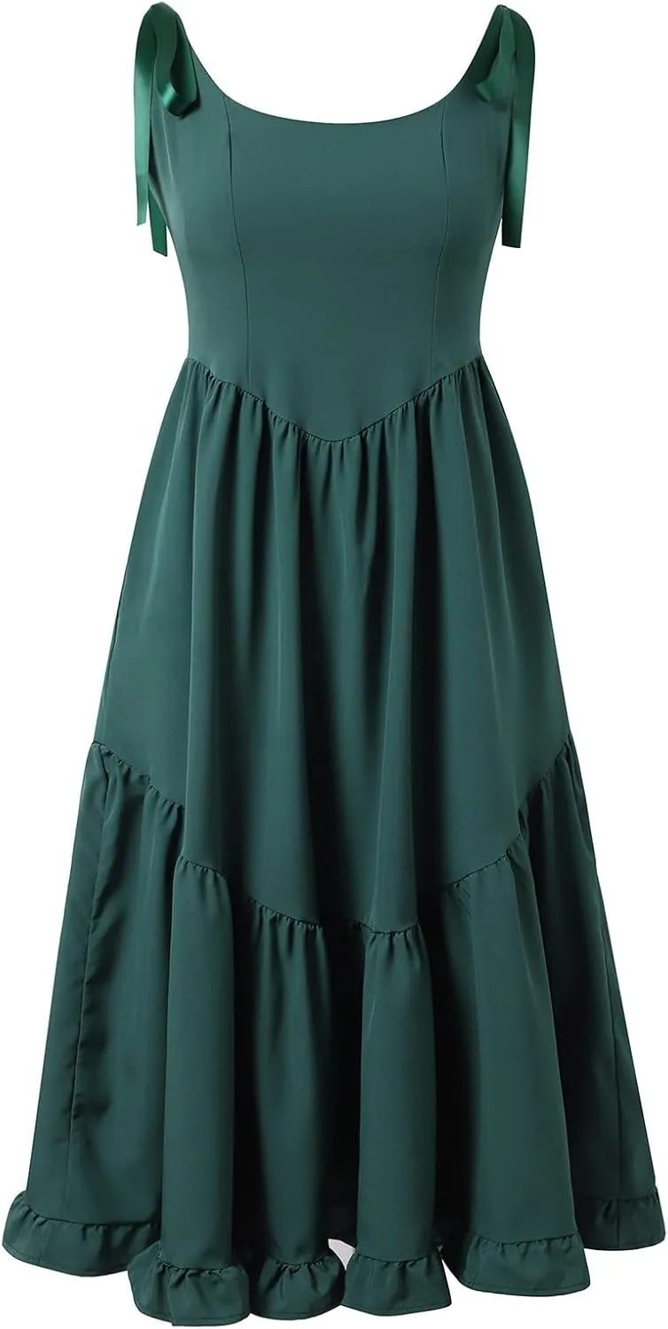 Womens Maxi Dress with Tie Straps 2025 Summer Boho Spaghetti Strap Square Neck Ruffle Dress A Line Beach Long Dresses