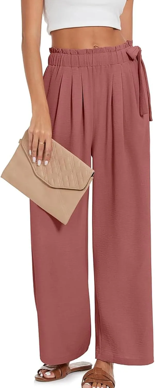 Womens Pants Lightweight Loose Trousers Comfortable Summer Wide Leg Elastic Waist Pants with Pockets