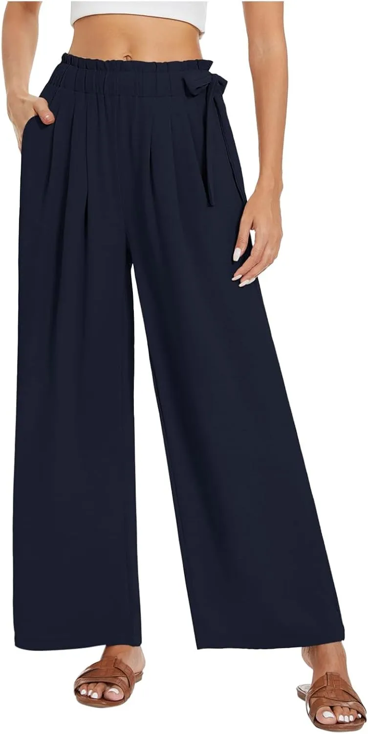 Womens Pants Lightweight Loose Trousers Comfortable Summer Wide Leg Elastic Waist Pants with Pockets