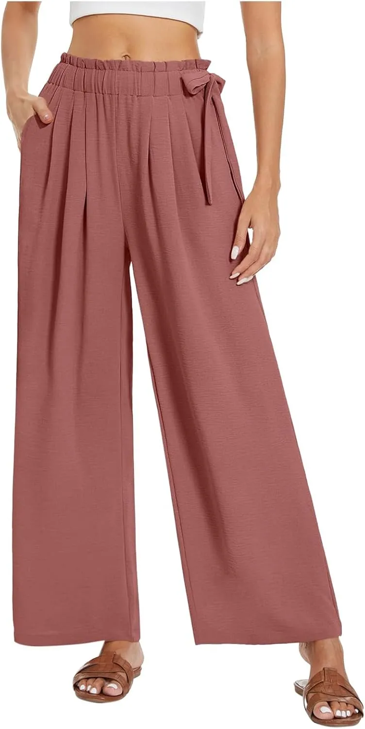 Womens Pants Lightweight Loose Trousers Comfortable Summer Wide Leg Elastic Waist Pants with Pockets