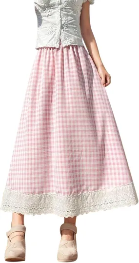 Women's Plaid Checkered A-Line Skirt Elastic Waist Lace Trim Flowy Midi Casual Office Summer Chic Vintage Style