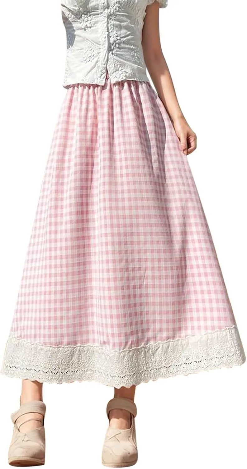 Women's Plaid Checkered A-Line Skirt Elastic Waist Lace Trim Flowy Midi Casual Office Summer Chic Vintage Style