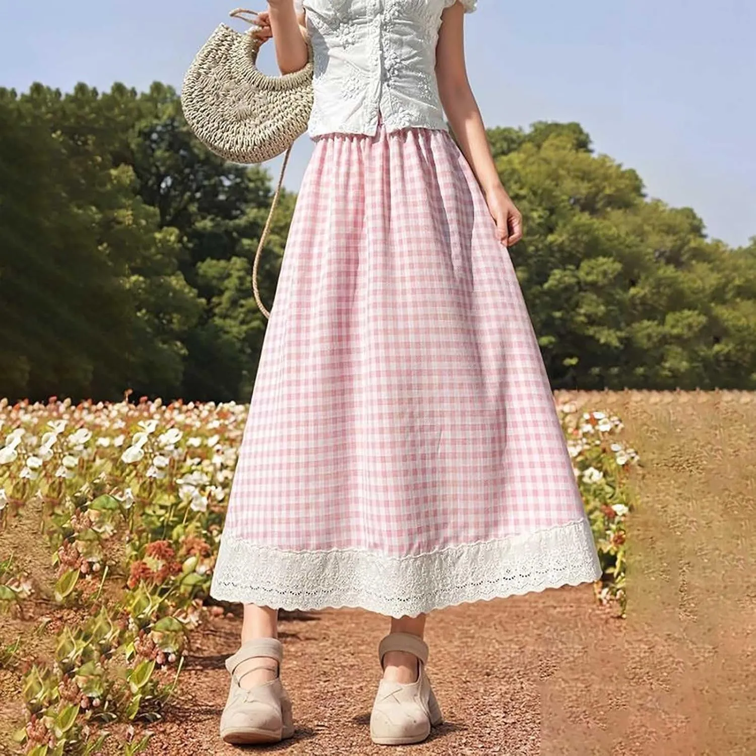 Women's Plaid Checkered A-Line Skirt Elastic Waist Lace Trim Flowy Midi Casual Office Summer Chic Vintage Style
