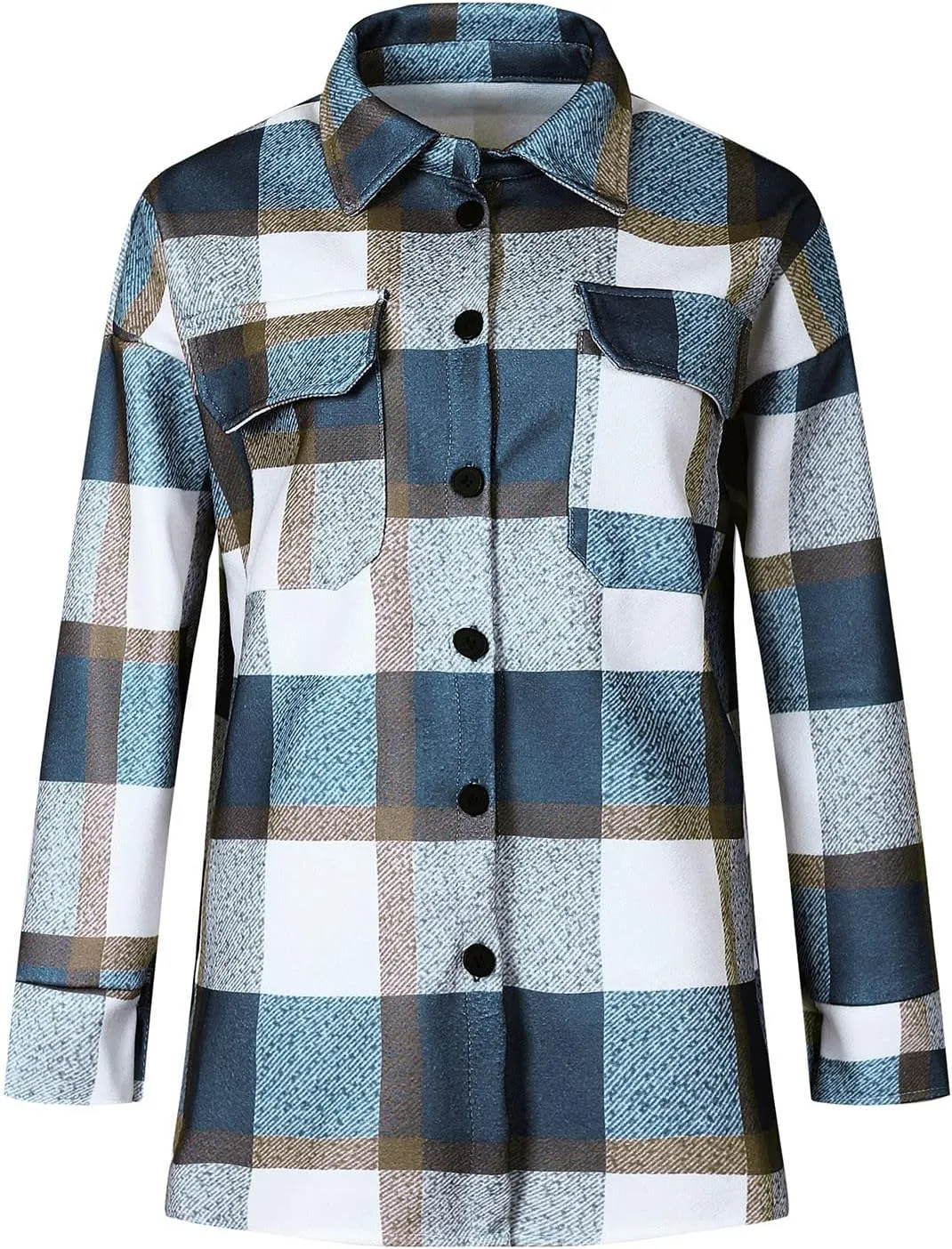 Women's Plaid Flannel Jacket Trench Coat Notch Lapel Button Thick Fall Winter Warm Slim Fit Tunic Wool Pea Coats