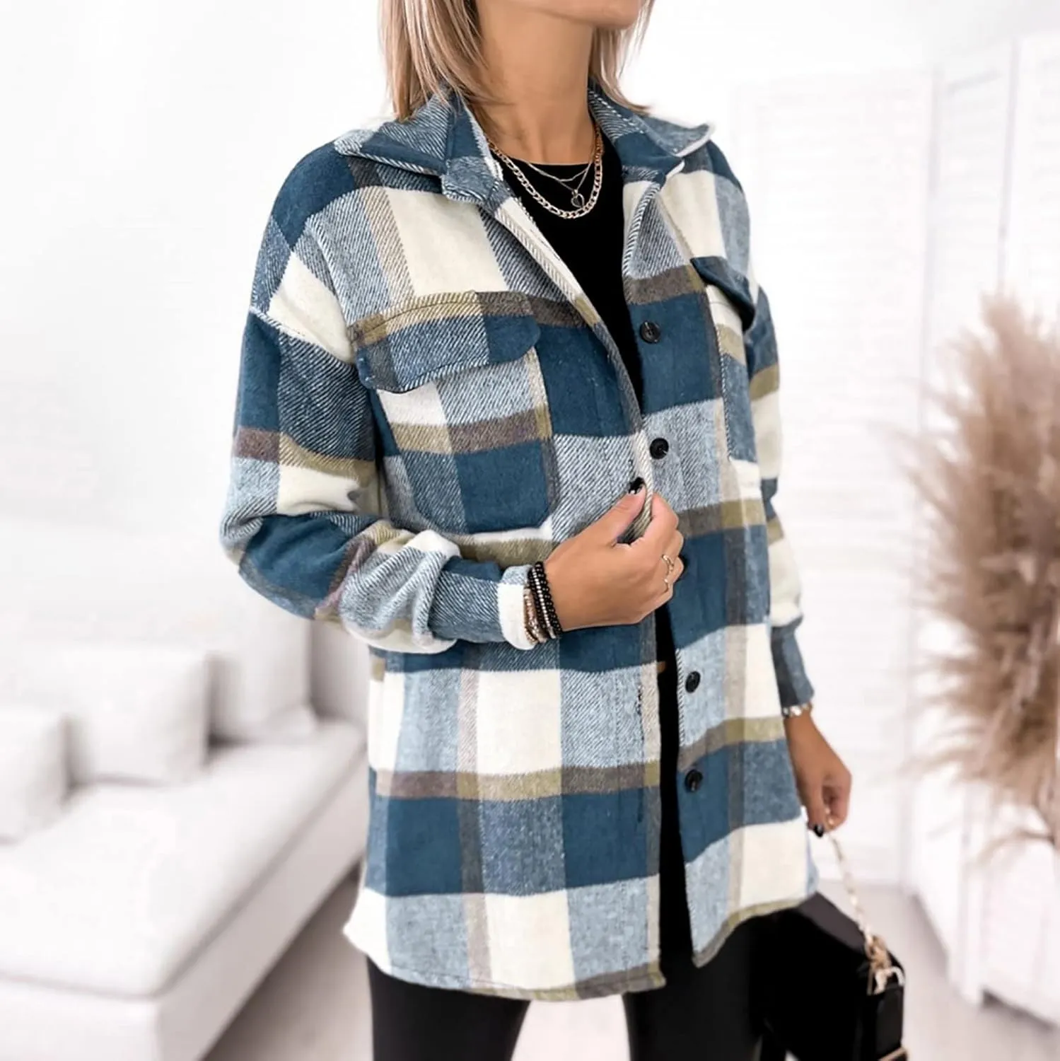 Women's Plaid Flannel Jacket Trench Coat Notch Lapel Button Thick Fall Winter Warm Slim Fit Tunic Wool Pea Coats