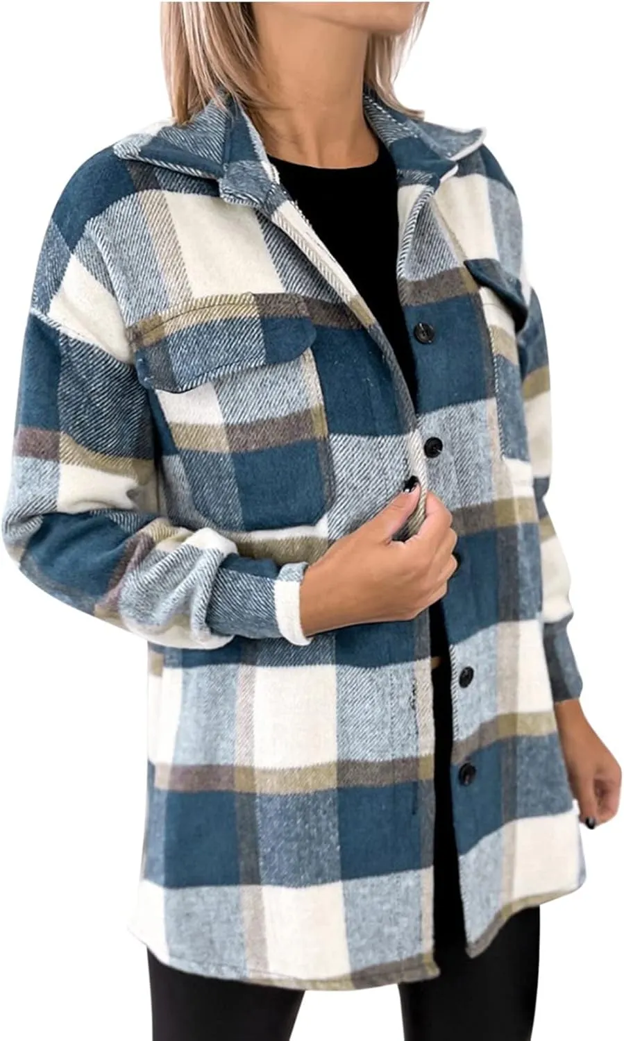 Women's Plaid Flannel Jacket Trench Coat Notch Lapel Button Thick Fall Winter Warm Slim Fit Tunic Wool Pea Coats