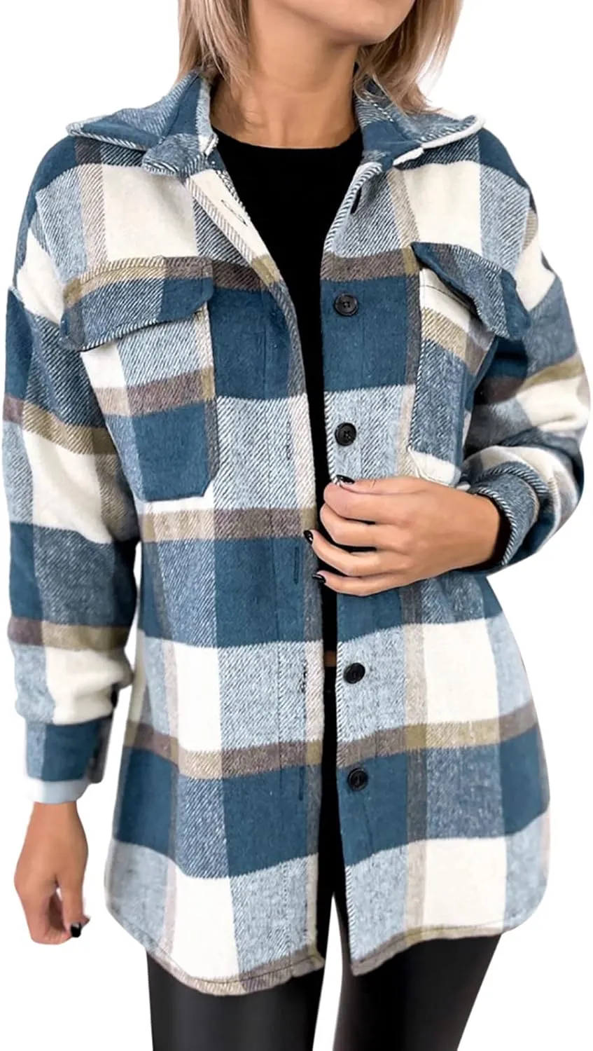 Women's Plaid Flannel Jacket Trench Coat Notch Lapel Button Thick Fall Winter Warm Slim Fit Tunic Wool Pea Coats