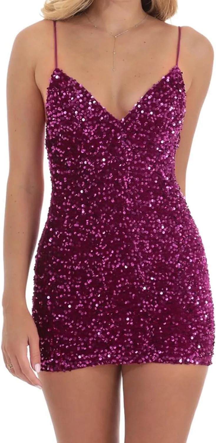 Women's Sequin Bodycon Mini Dress Sparkly Dress Sexy Criss Cross Open Back Short Dress