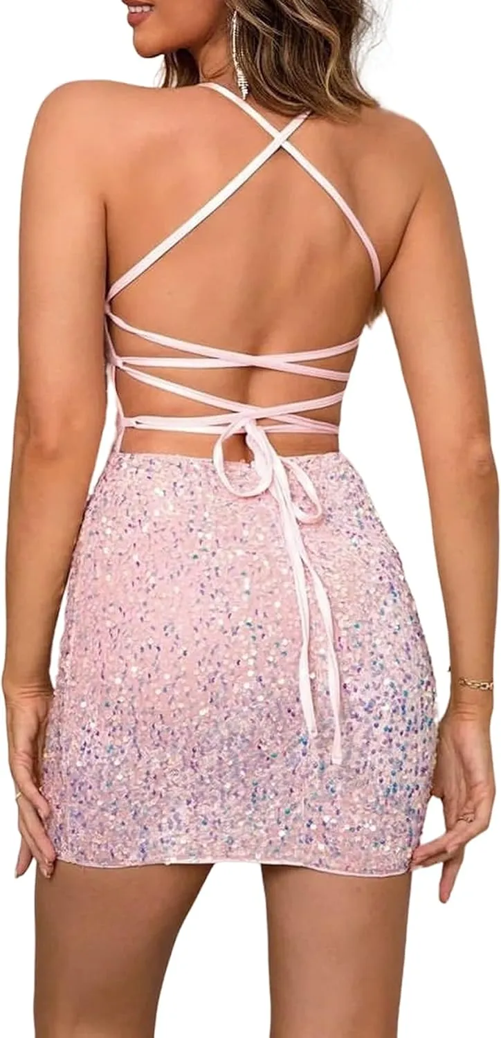 Women's Sequin Bodycon Mini Dress Sparkly Dress Sexy Criss Cross Open Back Short Dress