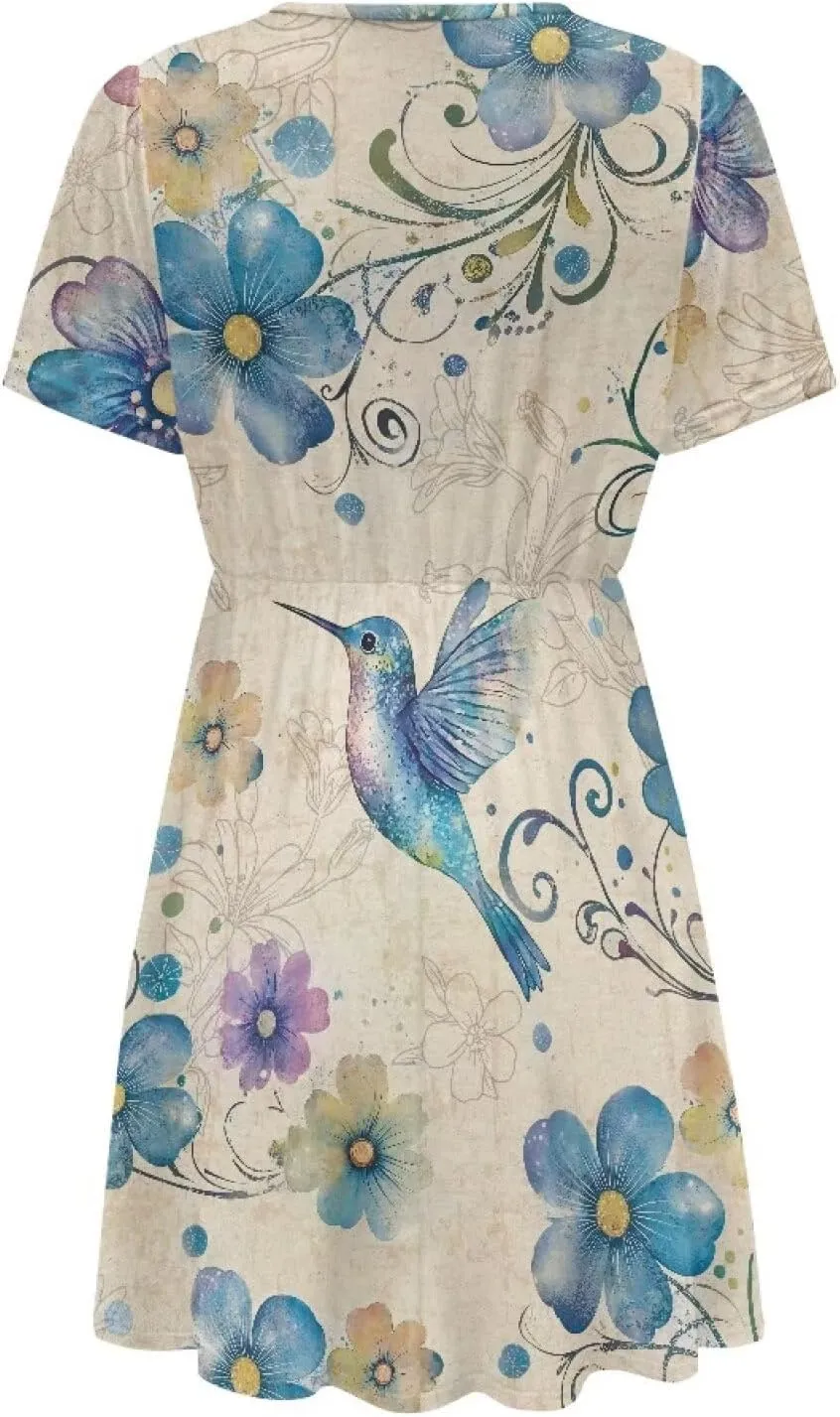 Women's Short Sleeve Dress A Line V Neck Midi Dress Soft Comfortable Knee Length Flowy Summer Dresses