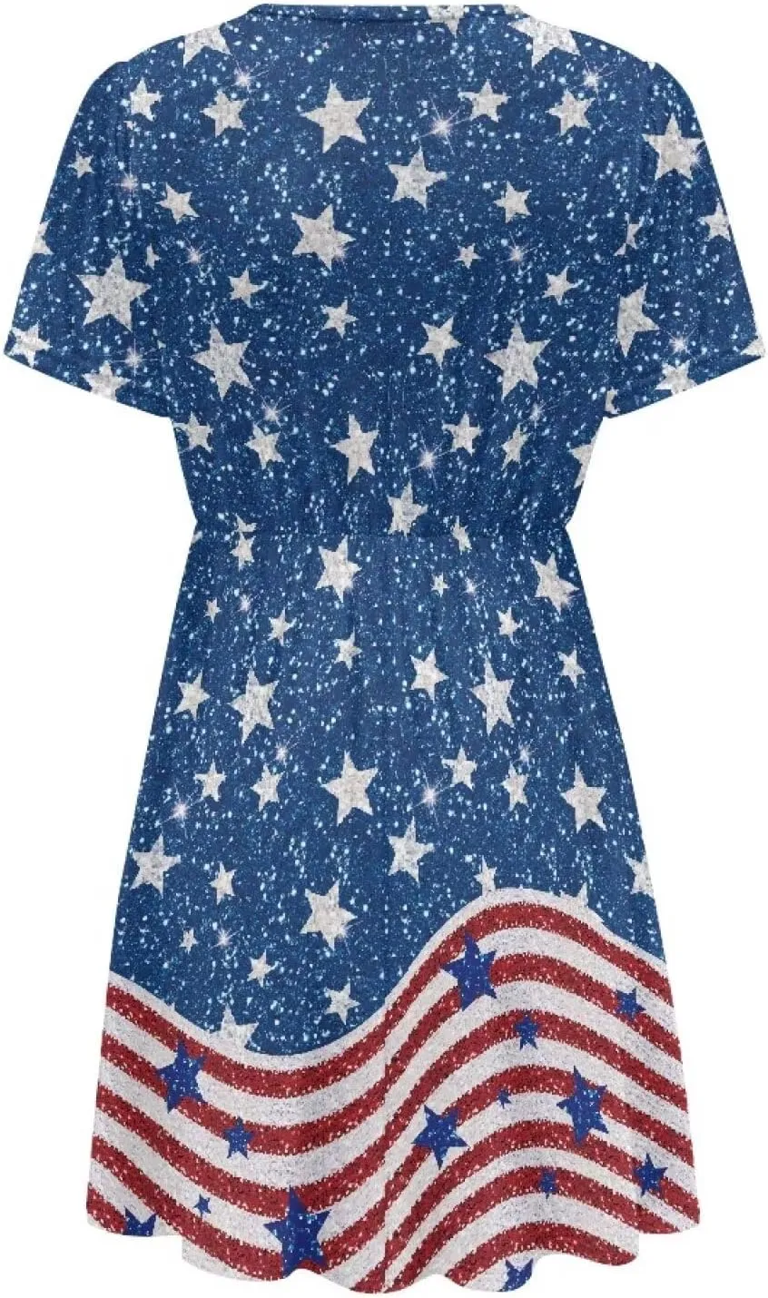 Women's Short Sleeve Dress A Line V Neck Midi Dress Soft Comfortable Knee Length Flowy Summer Dresses