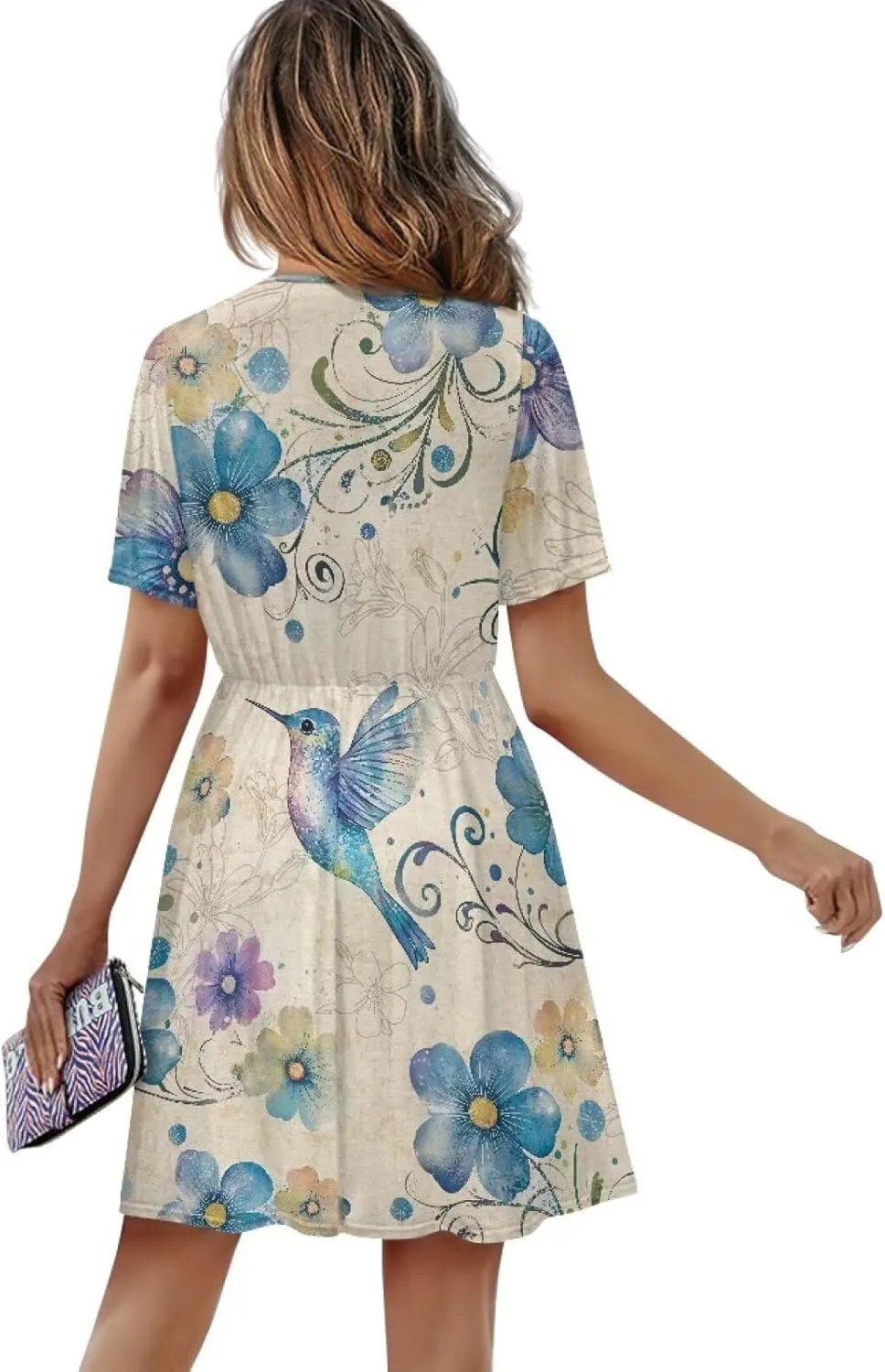 Women's Short Sleeve Dress A Line V Neck Midi Dress Soft Comfortable Knee Length Flowy Summer Dresses