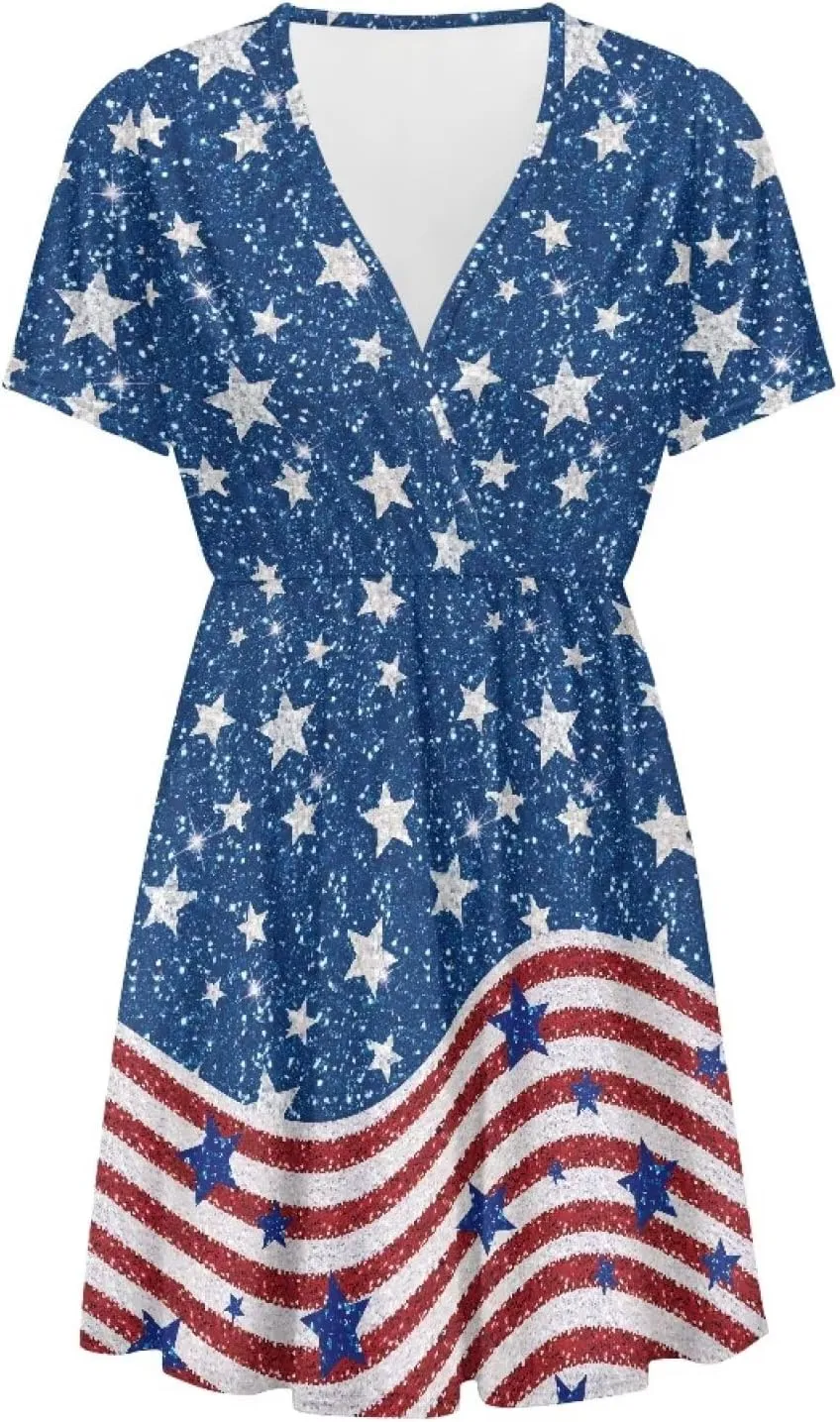 Women's Short Sleeve Dress A Line V Neck Midi Dress Soft Comfortable Knee Length Flowy Summer Dresses
