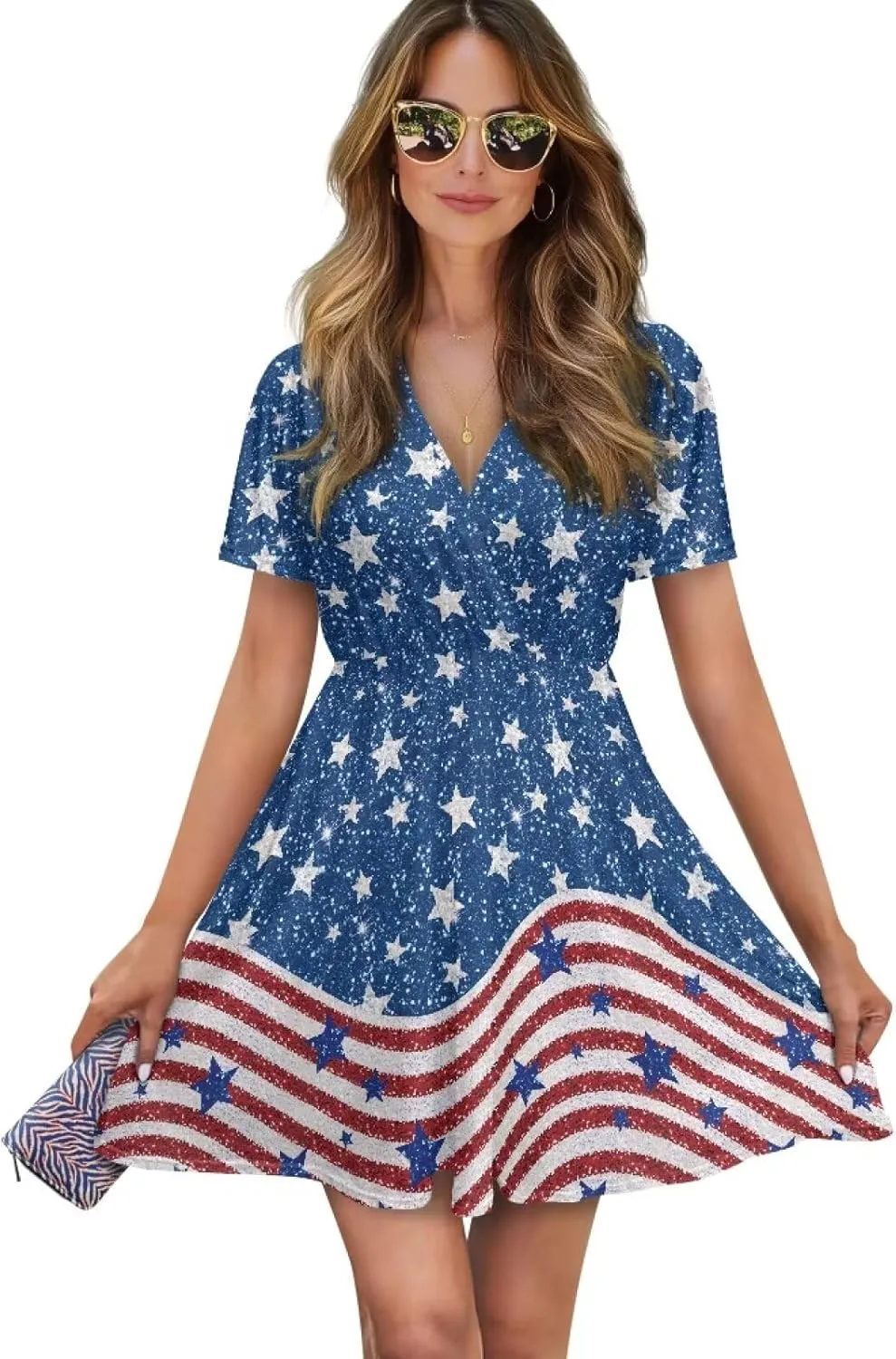 Women's Short Sleeve Dress A Line V Neck Midi Dress Soft Comfortable Knee Length Flowy Summer Dresses