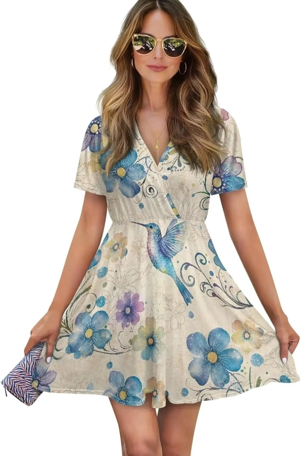 Women's Short Sleeve Dress A Line V Neck Midi Dress Soft Comfortable Knee Length Flowy Summer Dresses